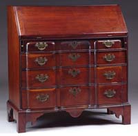 Appraisal: MAHOGANY BLOCKFRONT CHIPPENDALE DESK The desk having four graduated drawers