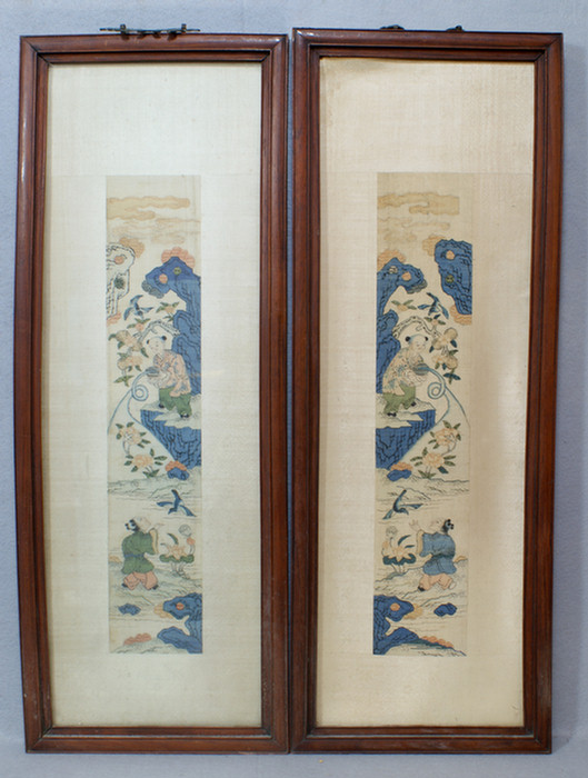 Appraisal: Pair of K'o'ssu embroideries with original teak frames depicting the