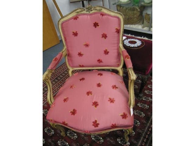 Appraisal: French Art Chair carved light burgundy silk floral material