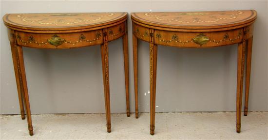 Appraisal: Pair of satinwood rosewood crossbanded and painted demi-lune card tables