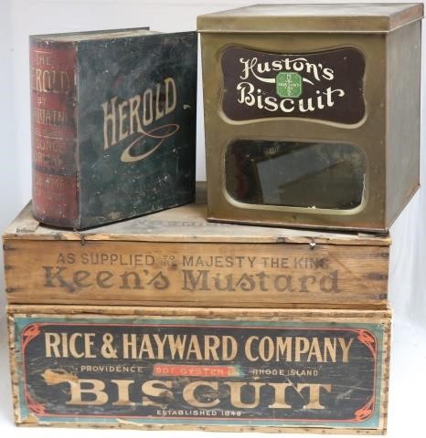 Appraisal: LOT OF TIN AND WOODEN ADVERTISING BOXES TOINCLUDE HUSTON S