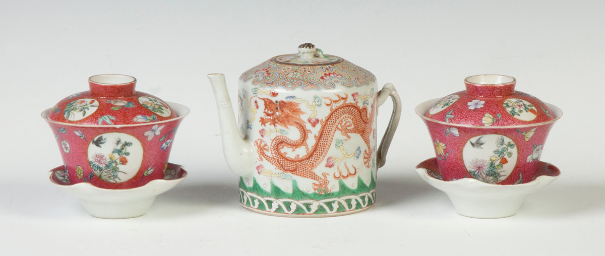 Appraisal: Chinese Teapot Covered Cups Sgn Chinese covered cups w under