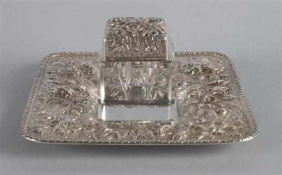 Appraisal: American repousse sterling silver and cut glass inkwell with tray