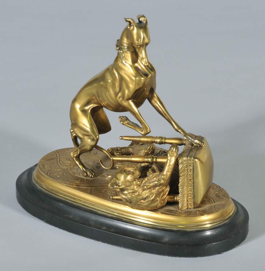 Appraisal: French Gilt Bronze Figure of Whippet and Cat Playing high