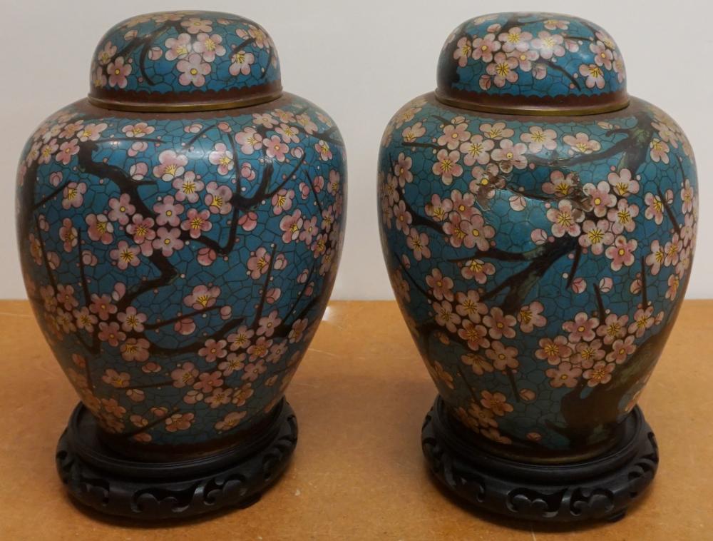 Appraisal: Pair Japanese Cloisonne Covered Jars with Hardwood Stands H overall