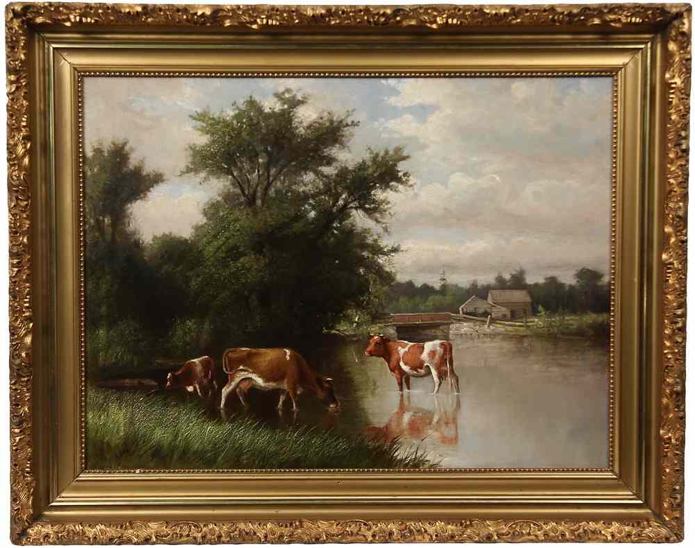 Appraisal: OOC - Pastoral Scene with Three Cows on River Near