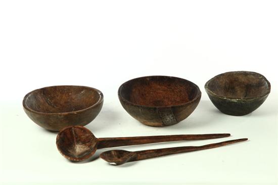 Appraisal: THREE WOODEN BOWLS AND TWO SPOONS European or American th