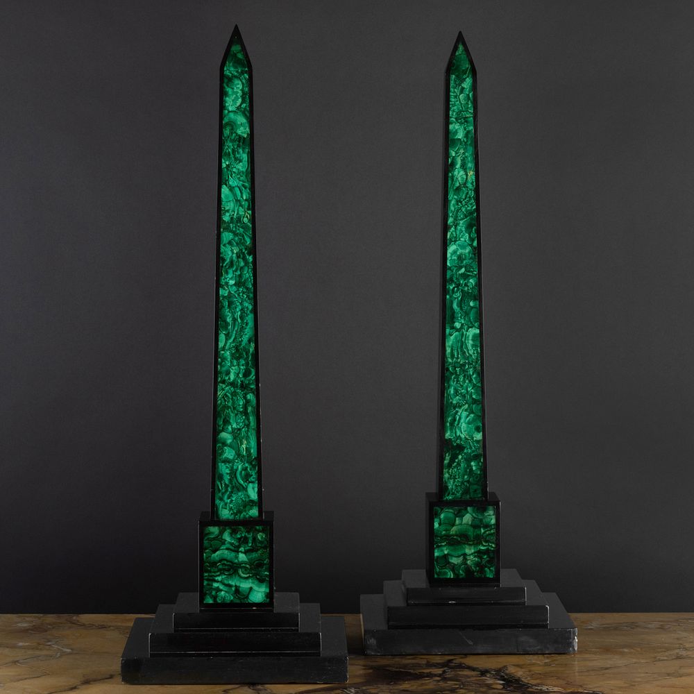 Appraisal: Pair of Malachite Inset Black Marble Obelisks x x in