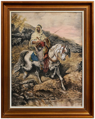 Appraisal: Orientalist watercolor armed Arabian on horseback unsigned watercolor on paper