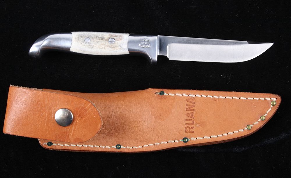 Appraisal: R H Ruana Camp Knife Leather Scabbard This is an