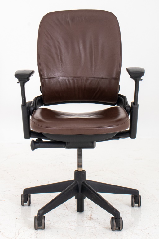 Appraisal: BROWN LEATHER OFFICE CHAIR WITH ADJUSTABLE ARMS Brown leather office