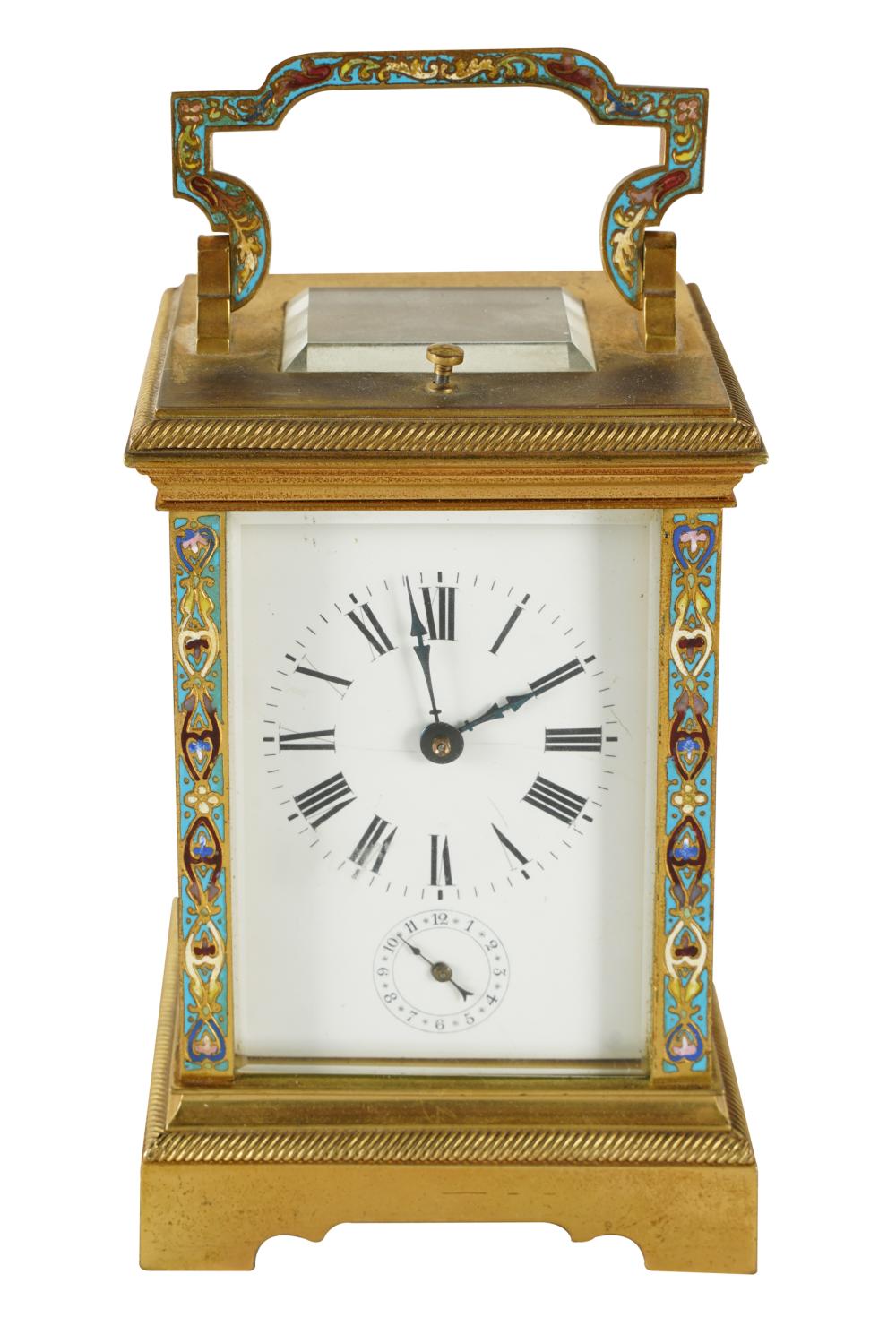 Appraisal: FRENCH GILT BRONZE CHAMPLEVE CARRIAGE CLOCKstamped to movement Aiguilles Soldano