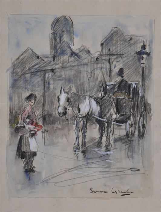 Appraisal: EUROPEAN SCHOOL CITY SCENE WITH HORSE AND CARRIAGE Charcoal and