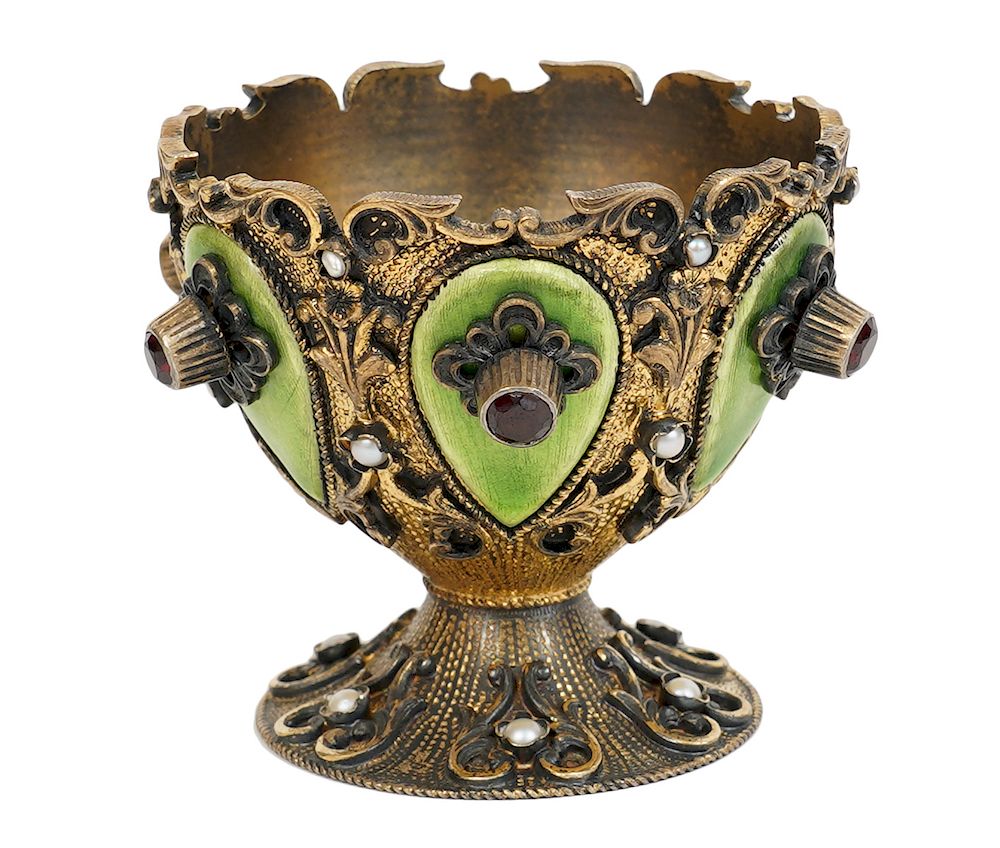 Appraisal: European Gilt Sterling Jeweled Guilloche Cup Gilt sterling pedestal cup