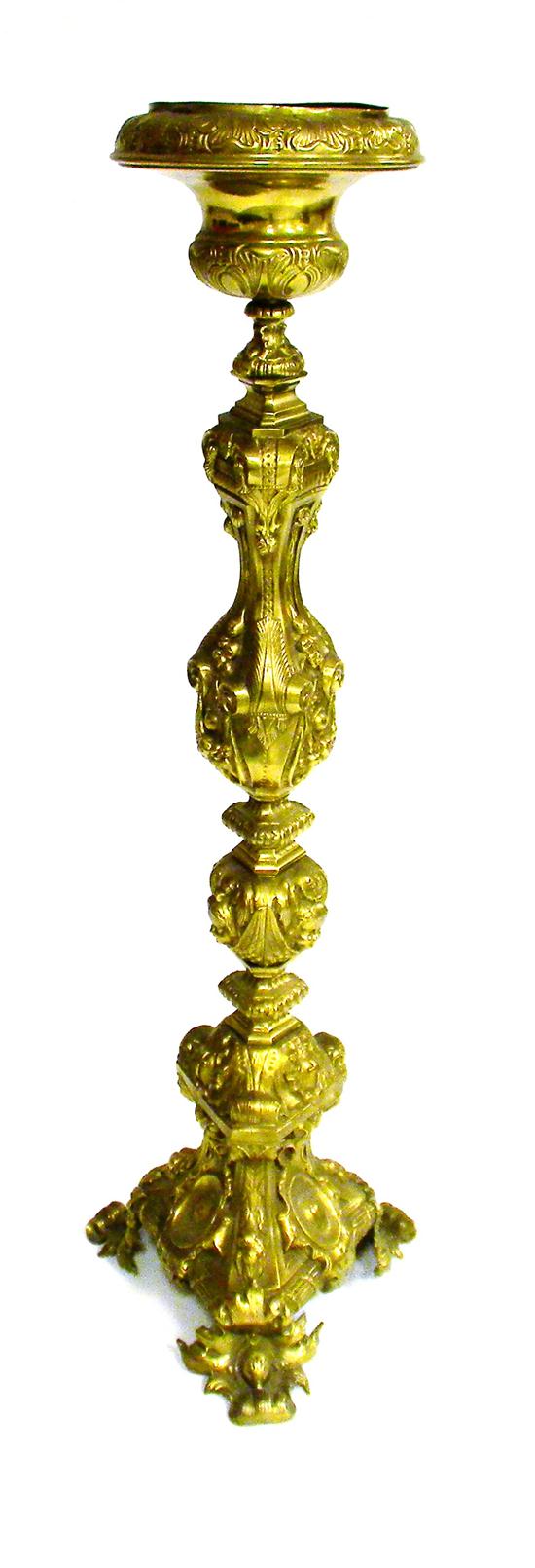 Appraisal: Brass repousse pedestal multiple-urn tiered body with scroll and fruit