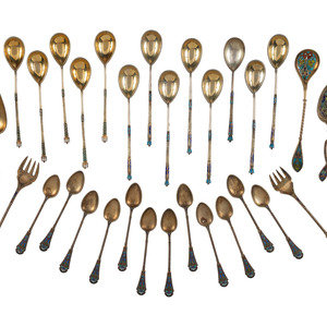 Appraisal: Thirty Russian Silver and Enamel Spoons and Forks Late th