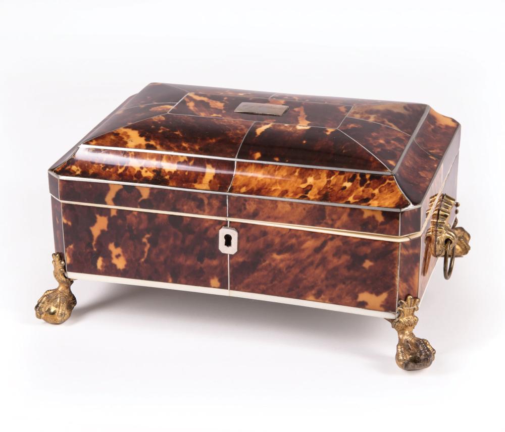 Appraisal: Late Georgian Brass-Mounted Tortoiseshell Sewing Box early th c silver