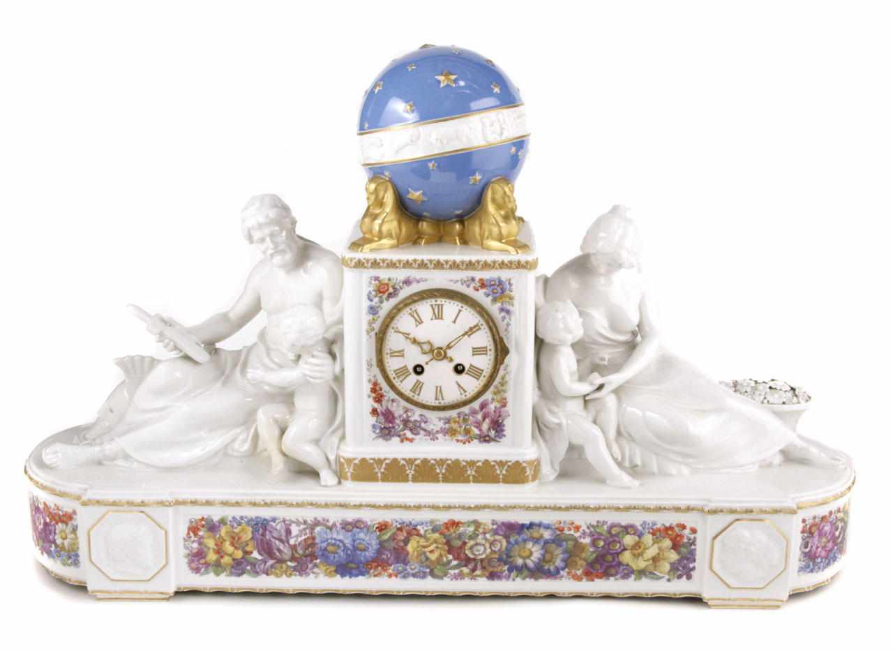 Appraisal: A KPM Berlin porcelain mantel clock Underglaze blue scepter mark