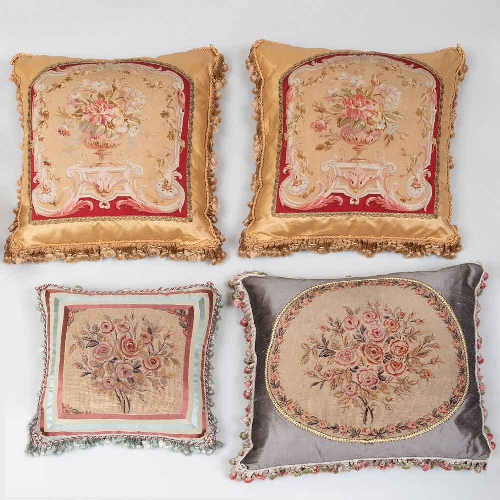 Appraisal: Four Floral Needlework Pillows with Tassels Comprising Pair of French