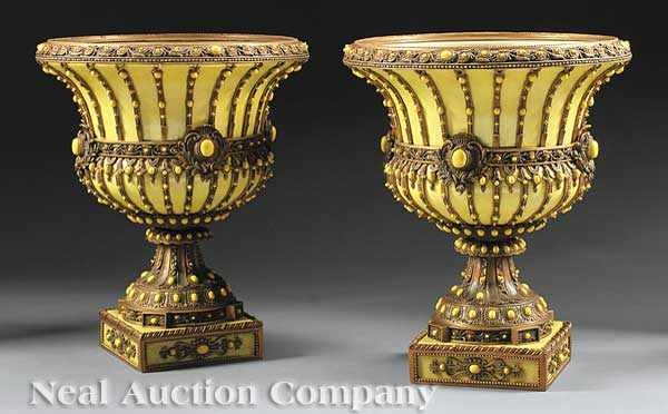 Appraisal: A Pair of Neoclassical-Style Jaune Antique Bronze-Mounted Urns campagna form