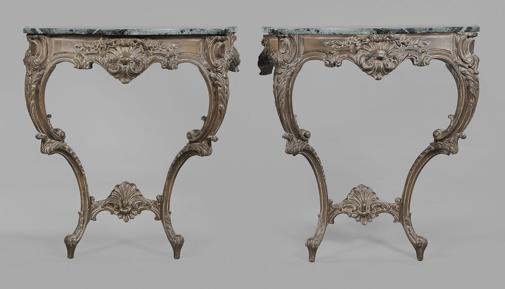 Appraisal: Pair Italian Rococo Style Marble-Top Consoles modern carved wood frames