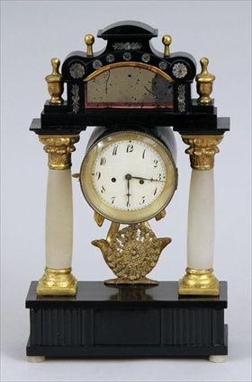 Appraisal: Empire-Style Alabaster Parcel-Gilt and Black Painted Portico Clock x in