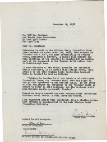 Appraisal: FAULKNER WILLIAM Signature on a letter from the producer of