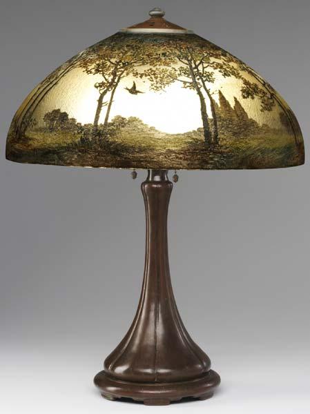 Appraisal: HANDEL Table lamp its iridized hemispherical shade obverse-painted with an