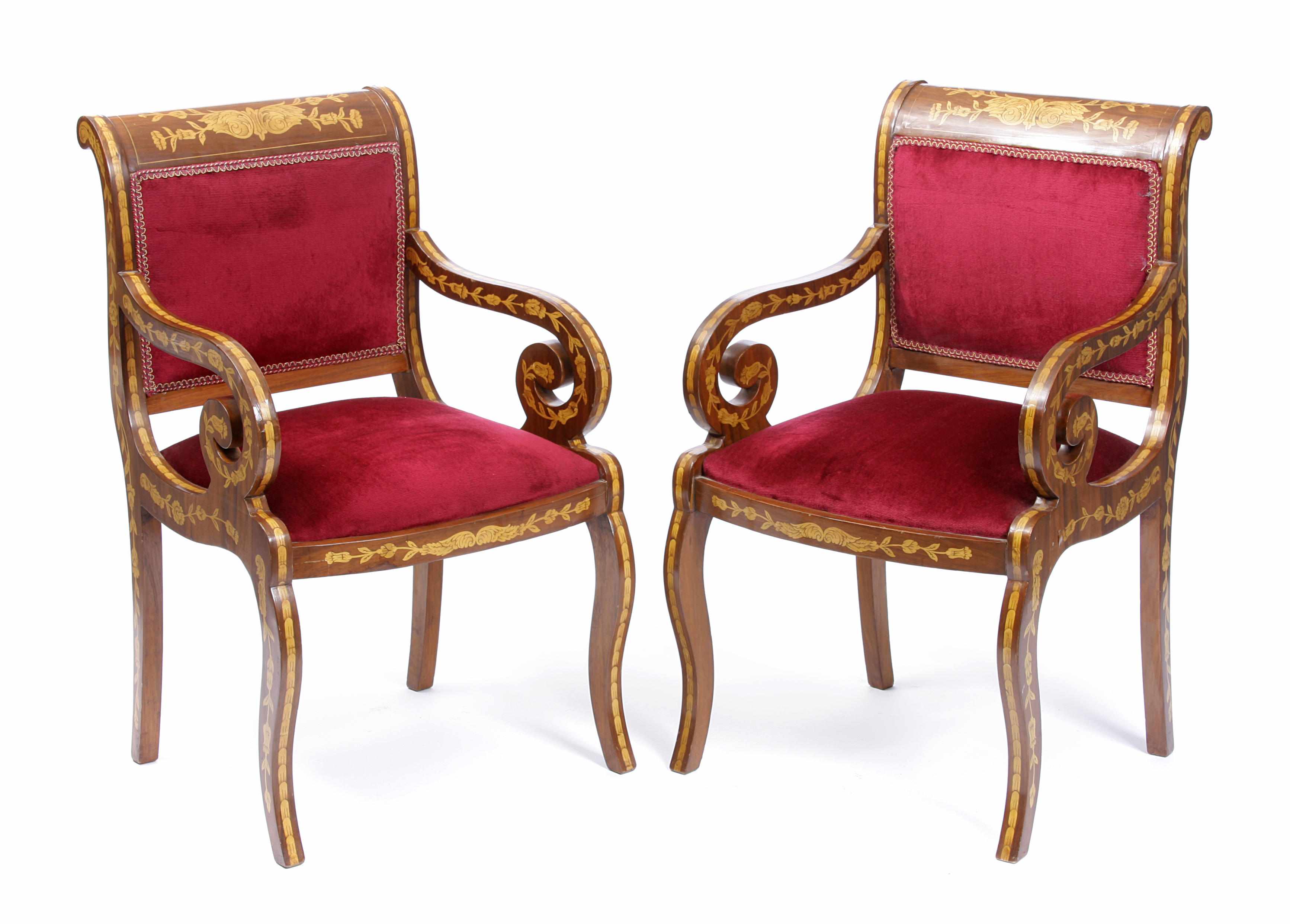 Appraisal: A pair of Regency style Dutch marquetry armchairs height in