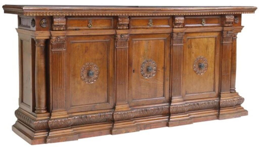 Appraisal: Monumental Italian Tuscan style walnut sideboard rectangular top with carved