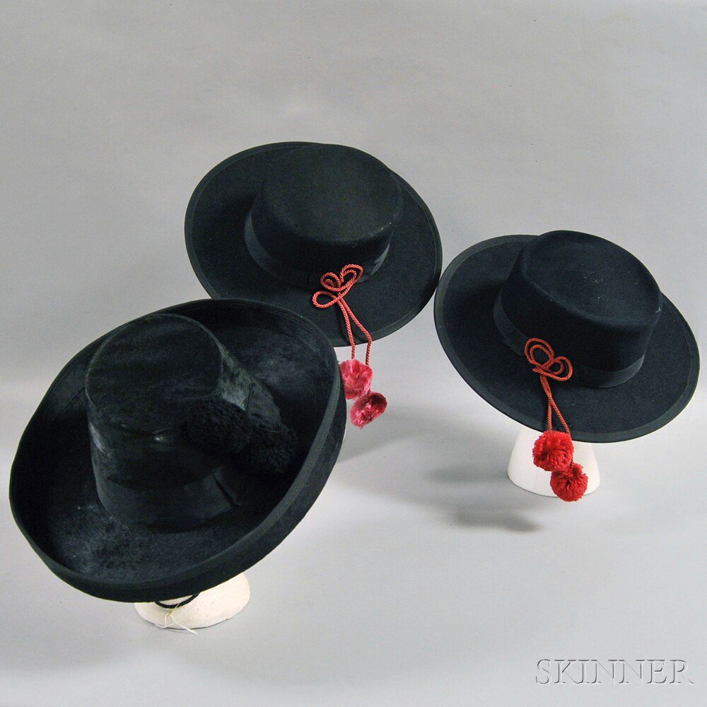 Appraisal: Three Black Silk and Felt Wide-brimmed Costume Hats America -