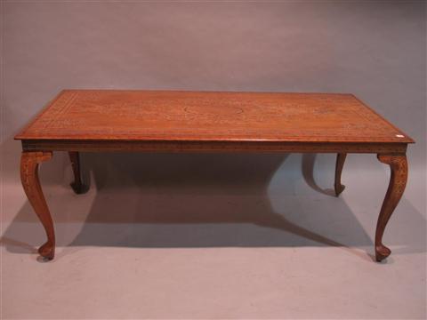 Appraisal: COLONIAL STYLE INLAID HARDWOOD COFFEE TABLE Raised on cabriole legs