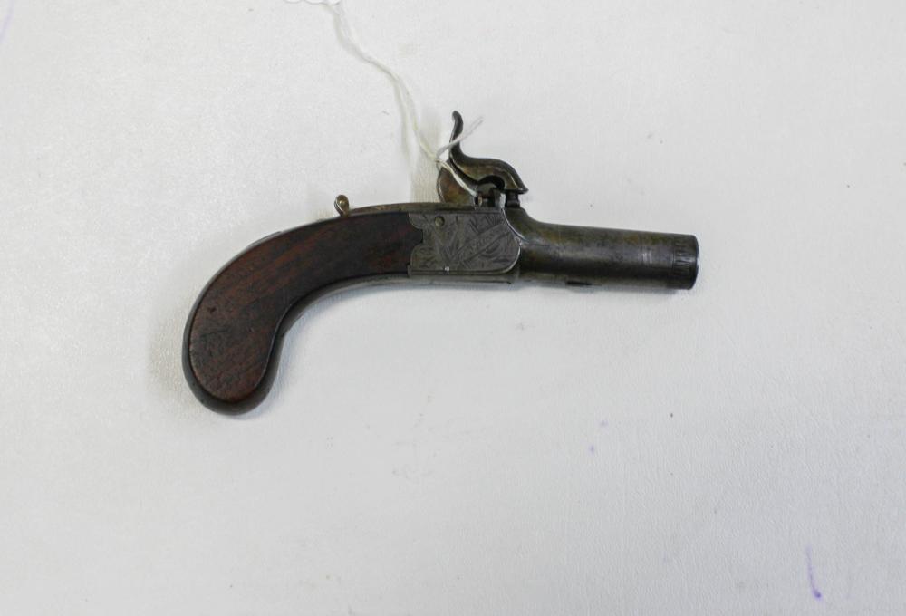 Appraisal: ANTIQUE ENGLISH PERCUSSION PISTOL APPROXIMATELY caliber round barrel one piece