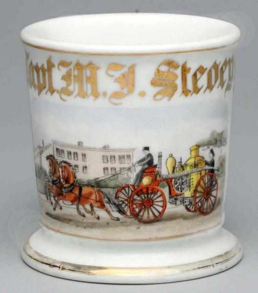 Appraisal: Horse-Drawn Fire Pumper Wagon Shaving Mug Gilt name Capt M