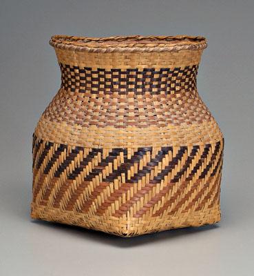 Appraisal: Cherokee river cane basket square-to-round with shaped neck diagonal bands