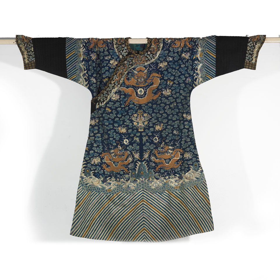 Appraisal: Blue Ground Silk Embroided Dragon Robe Guangxu Period - The