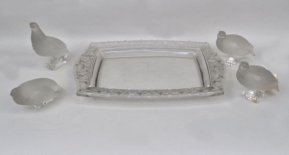 Appraisal: Lalique Oak Leaf Acorn Tray Partridge Figures all with acid