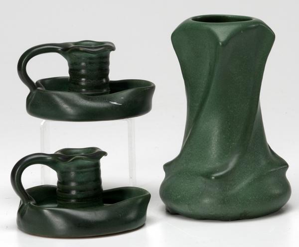 Appraisal: WELLER Three Matt Green pieces twisted vase hairlines and pair