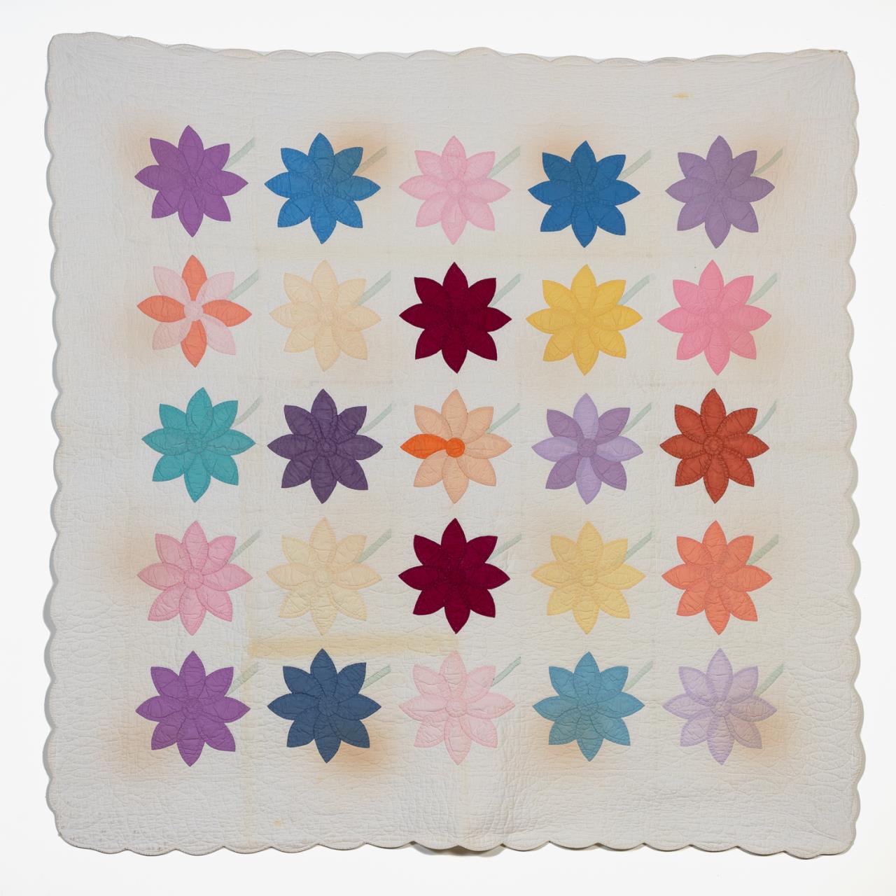 Appraisal: HAND QUILTED COTTON APPLIQUE FLOWER QUILT Hand quilted Winter weight