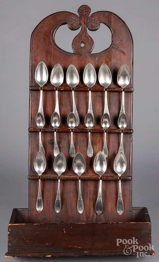 Appraisal: Carved pine hanging spoon rack th c etc Carved pine