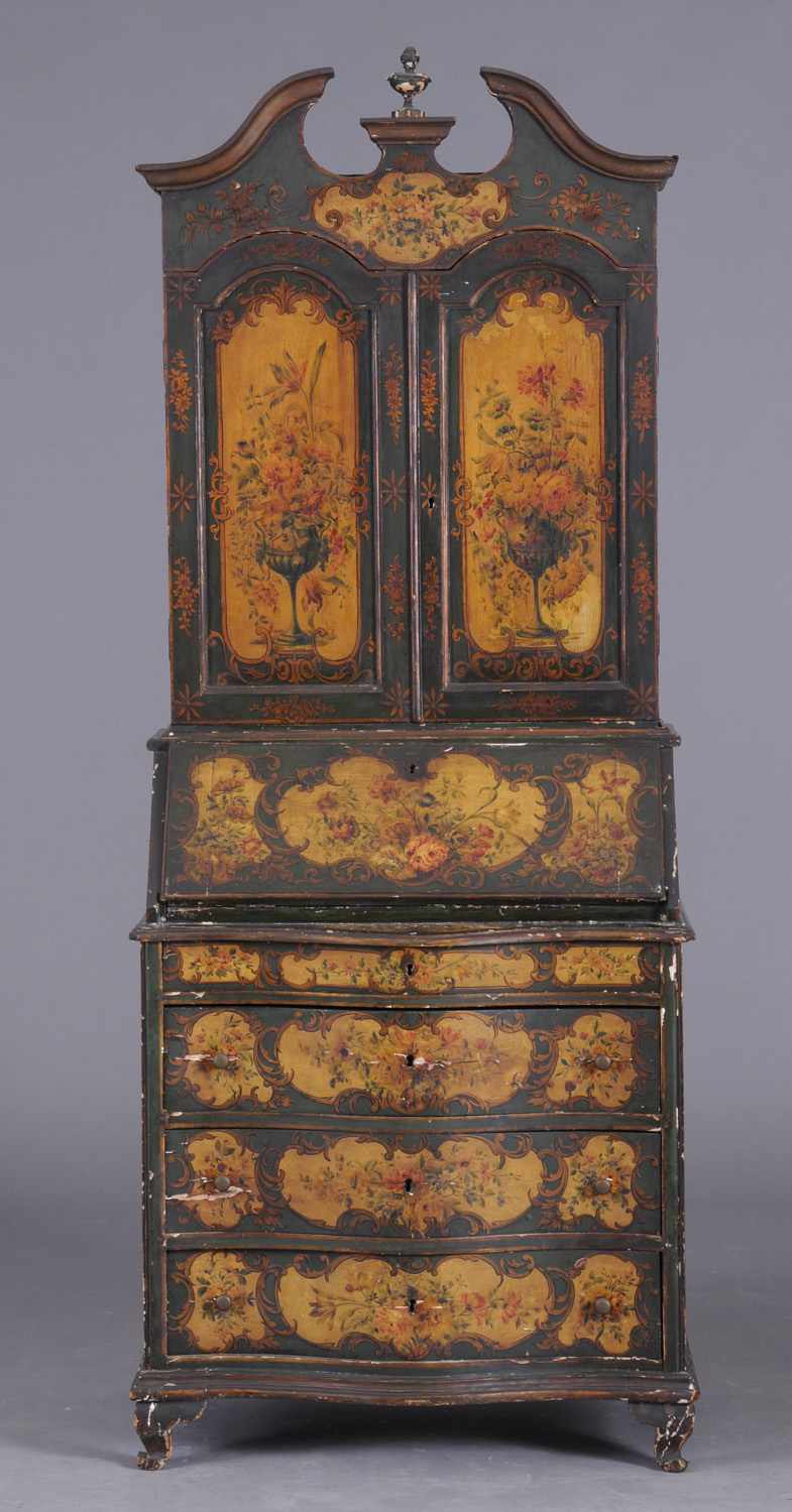 Appraisal: VENETIAN ROCOCO STYLE PAINTED BUREAU BOOKCASE The swan's neck pediment