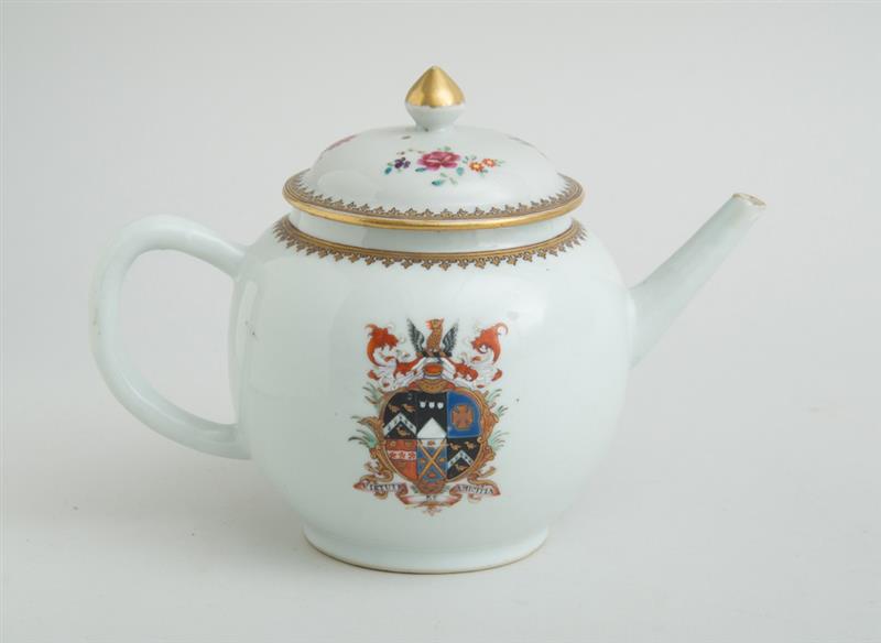 Appraisal: CHINESE EXPORT PORCELAIN FAMILLE ROSE ARMORIAL TEAPOT AND COVER The