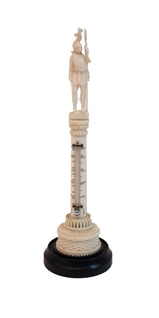 Appraisal: A carved ivory thermometer early th century with figural knight