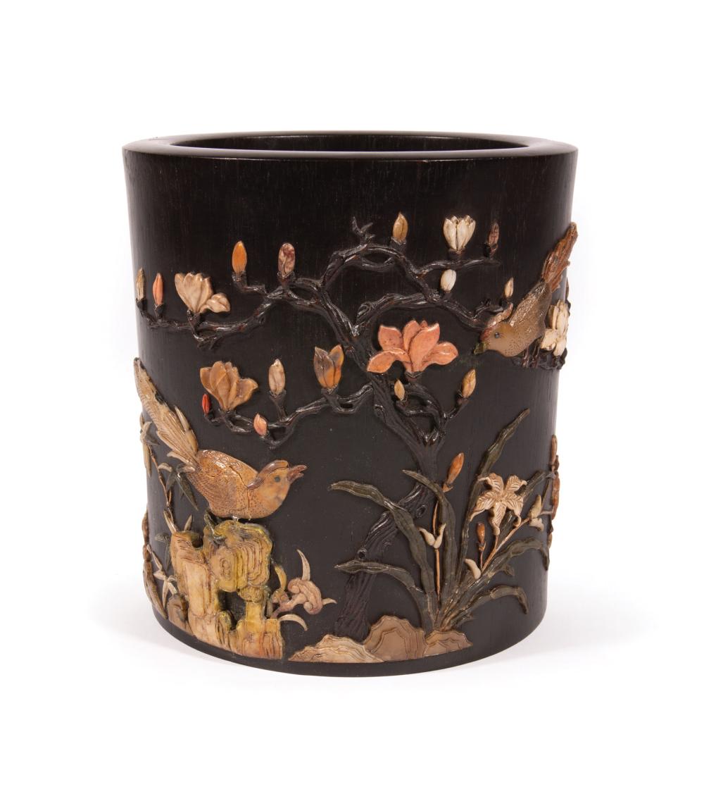 Appraisal: Chinese Soapstone Embellished Hardwood Brush Pot decorated with birds amid