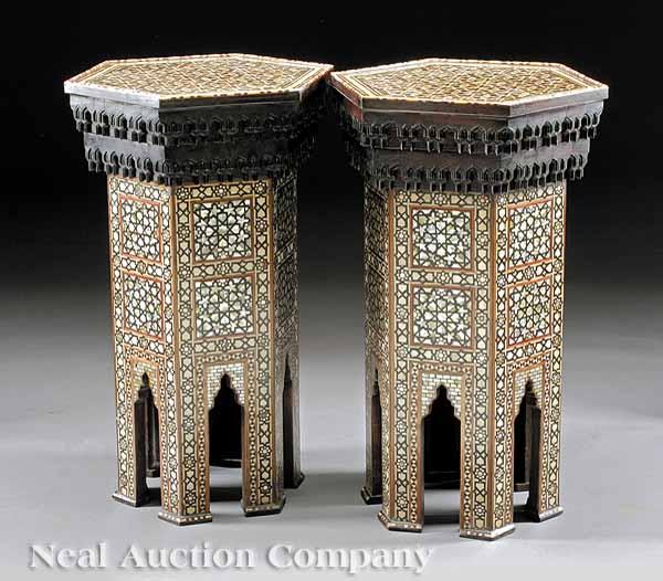 Appraisal: A Pair of Moorish Mother-of-Pearl and Bone Inlaid Tables hexagonal