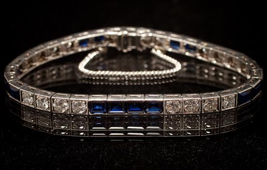 Appraisal: Lady's platinum diamond and blue gemstone square link bracelet diamonds