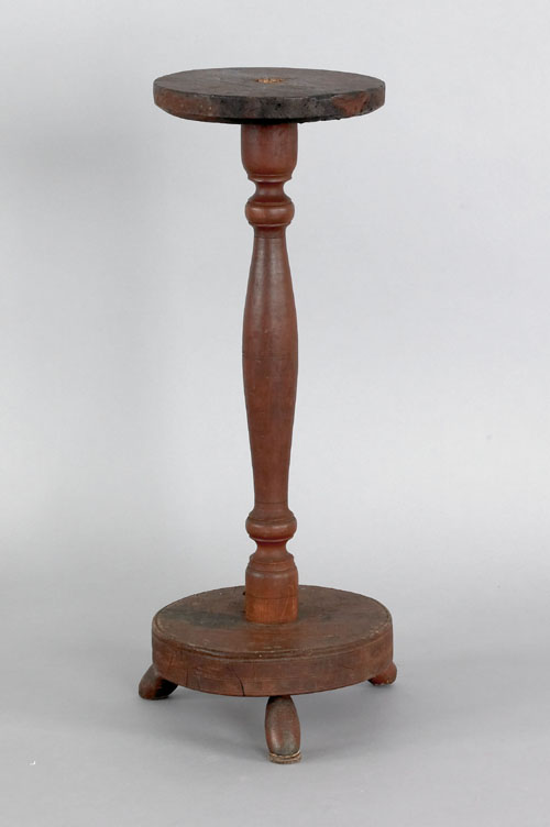 Appraisal: Primitive stained pine and maple candlestand ca h dia