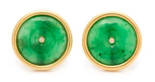 Appraisal: A Pair of Karat Yellow Gold Jadeite and Diamond Earclips