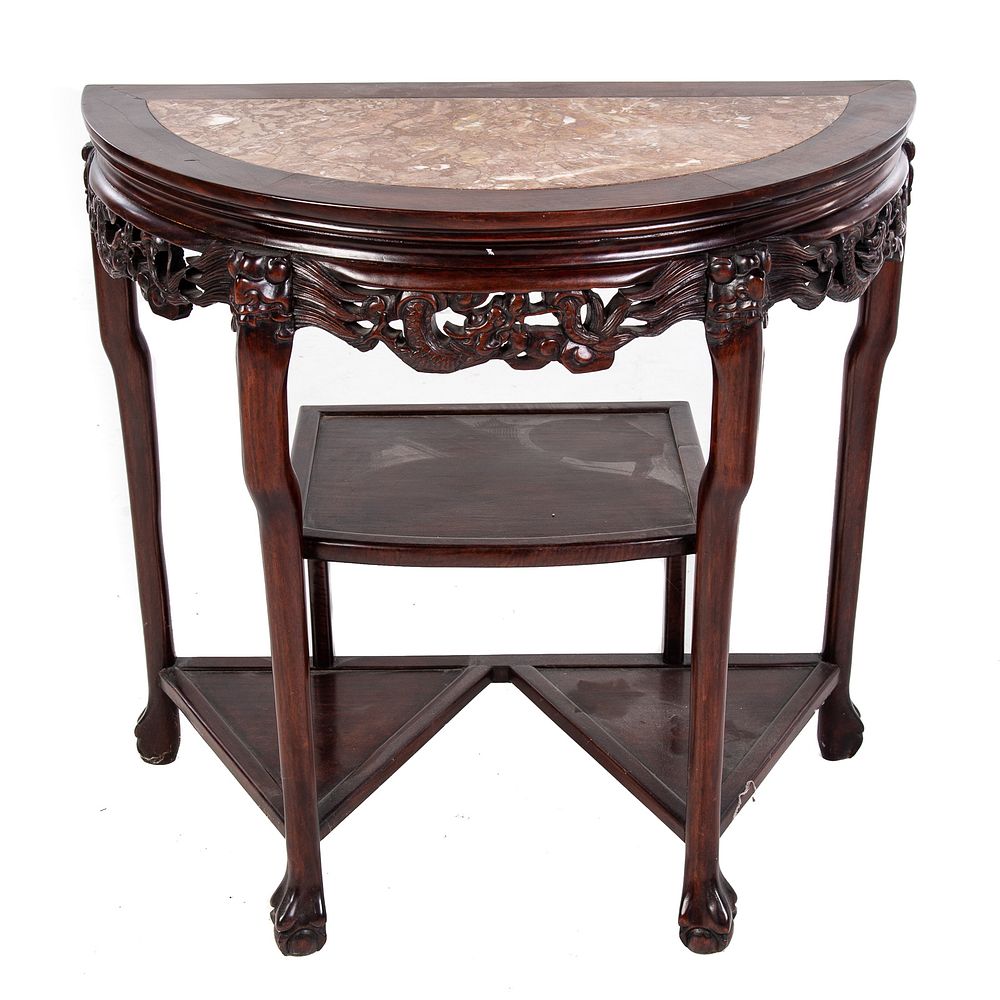 Appraisal: Chinese Carved Hardwood Demilune Console th Century with inset marble