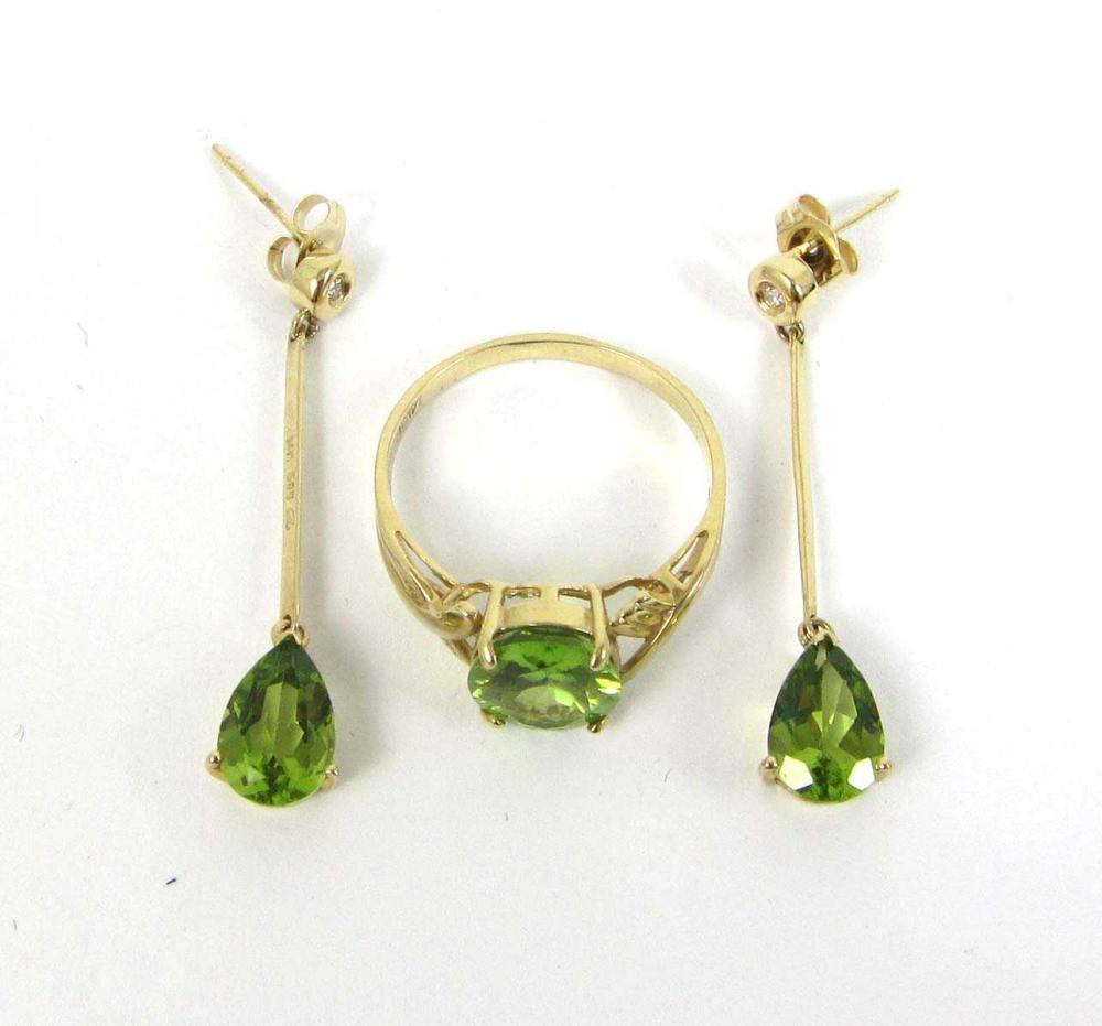 Appraisal: PERIDOT AND FOURTEEN KARAT GOLD RING AND EARRINGS including a